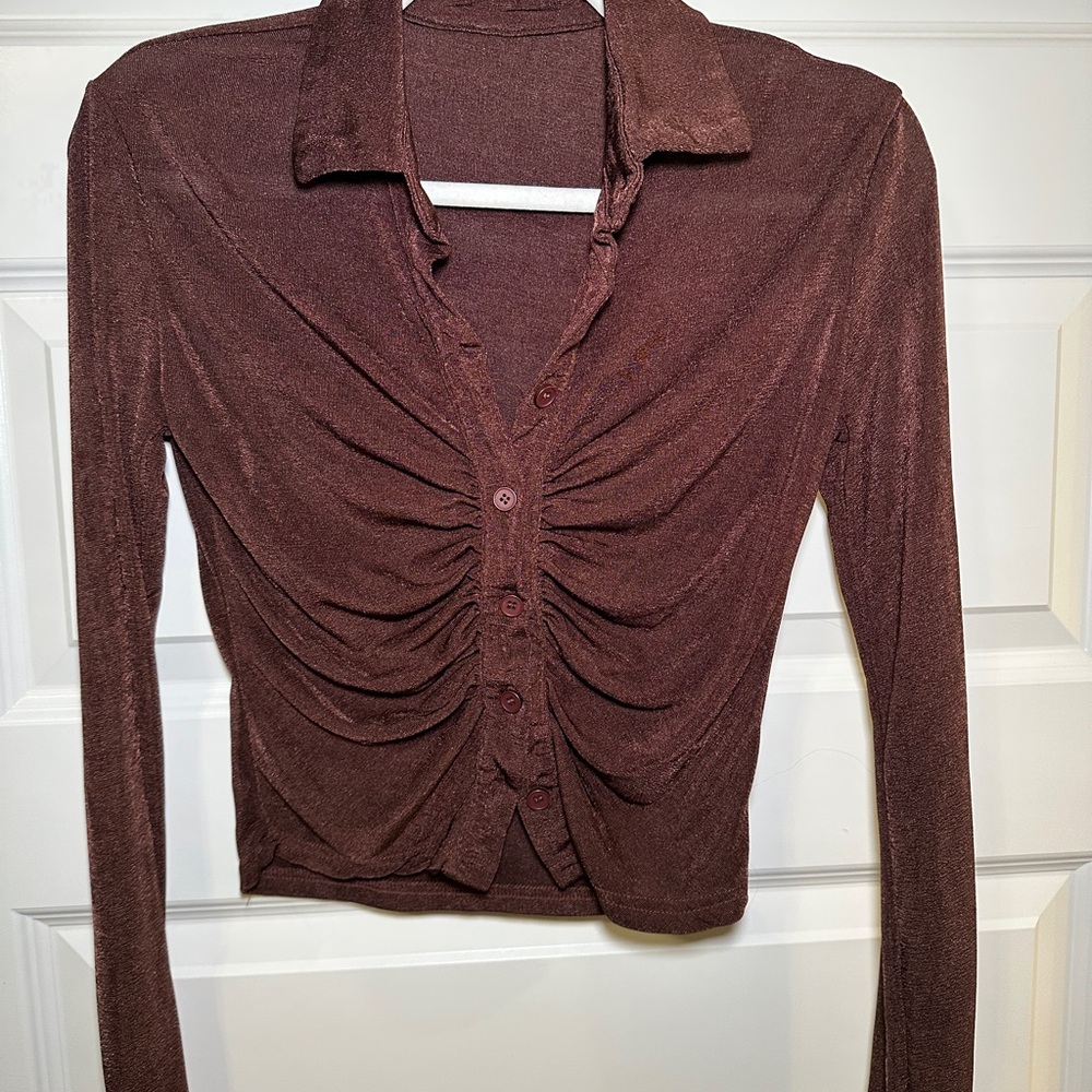 Brown Ruched Button-Up Top